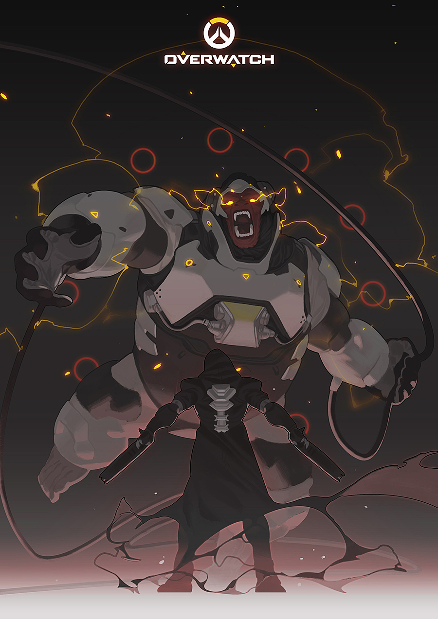 1boy, action, angry, attack, back, battle, blank_eyes, copyright_name, electricity, fangs, gloves, glowing, glowing_eyes, gorilla, gradient, gun, handgun, highres, holding, holding_gun, holding_weapon, hood, hooded_jacket, jacket, jumping, lan_se_fangying, legs_apart, outstretched_arms, overwatch, power_armor, reaper_(overwatch), shade, size_difference, smoke, standing, trench_coat, weapon, winston_(overwatch), wire
