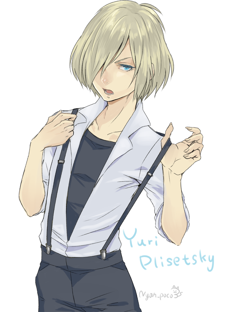 1boy, blonde_hair, blue_eyes, character_name, hair_over_one_eye, nyanpoco3, open_mouth, solo, suspenders, twitter_username, white_background, yuri!!!_on_ice, yuri_plisetsky