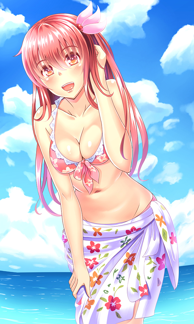 1girl, bikini, breasts, brown_hair, clouds, collarbone, cowboy_shot, floral_print, front-tie_bikini, front-tie_top, groin, hair_flip, hair_ornament, kantai_collection, kisaragi_(kantai_collection), leaning_forward, long_hair, looking_at_viewer, medium_breasts, navel, ocean, open_mouth, sarong, sky, solo, swimsuit, takamichis211