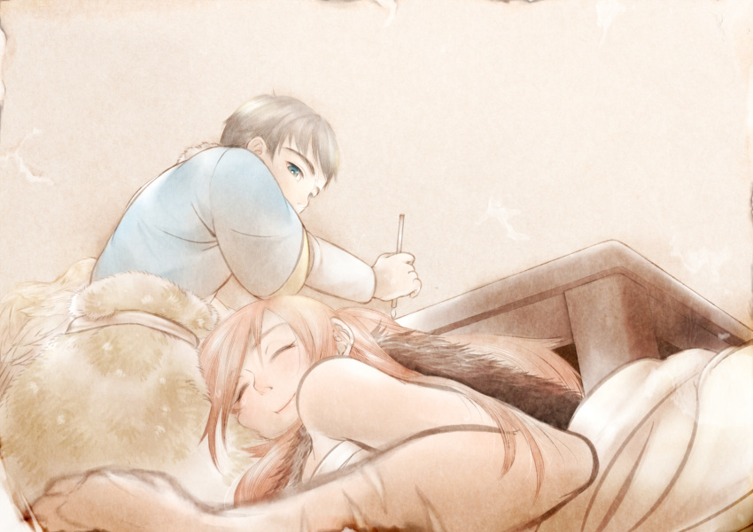 1boy, 1girl, brush, calligraphy_brush, fur, gasshou, highres, long_hair