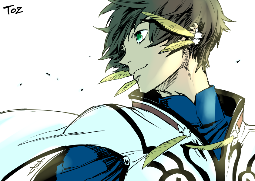 1boy, bloom, brown_hair, copyright_name, earrings, feathers, green_eyes, jewelry