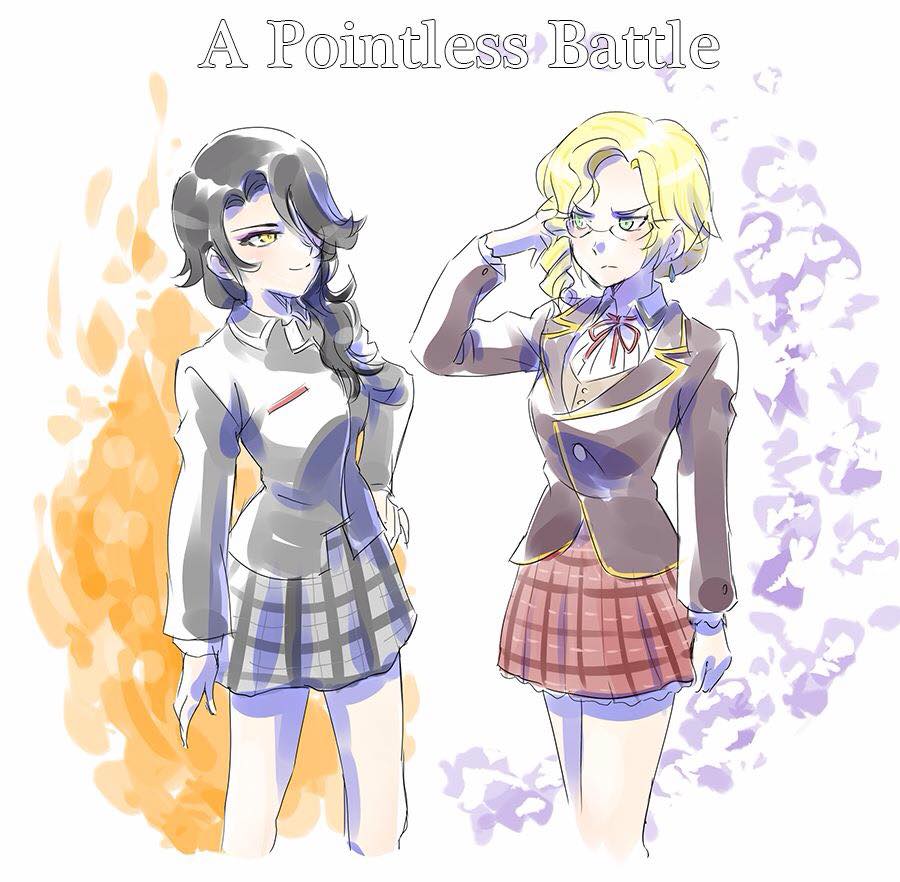 2girls, black_hair, blonde_hair, cinder_fall, english, glasses, glynda_goodwitch, iesupa