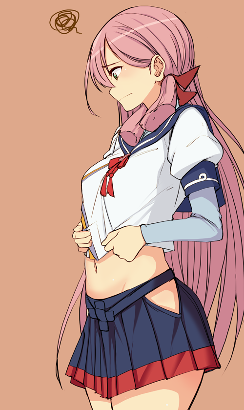 1girl, akashi_(kantai_collection), blue_skirt, green_eyes, hair_ribbon, hip_vent, kantai_collection, kosuke_haruhito