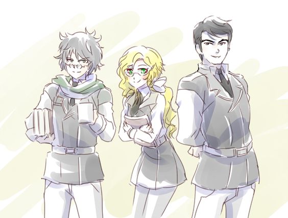 1girl, 2boys, black_hair, blonde_hair, book, cup, glasses, glynda_goodwitch