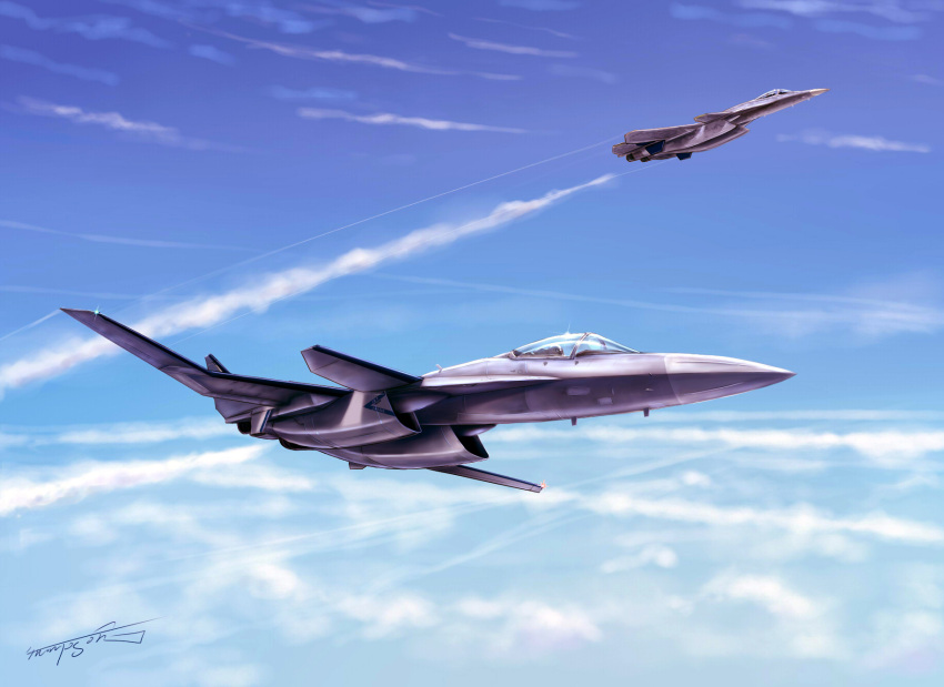 ace_combat, aircraft, airplane, clouds, condensation_trail, fighter_jet, glint, highres, jet, military, military_vehicle, pilot, signature, sky, thompson, x-02_wyvern