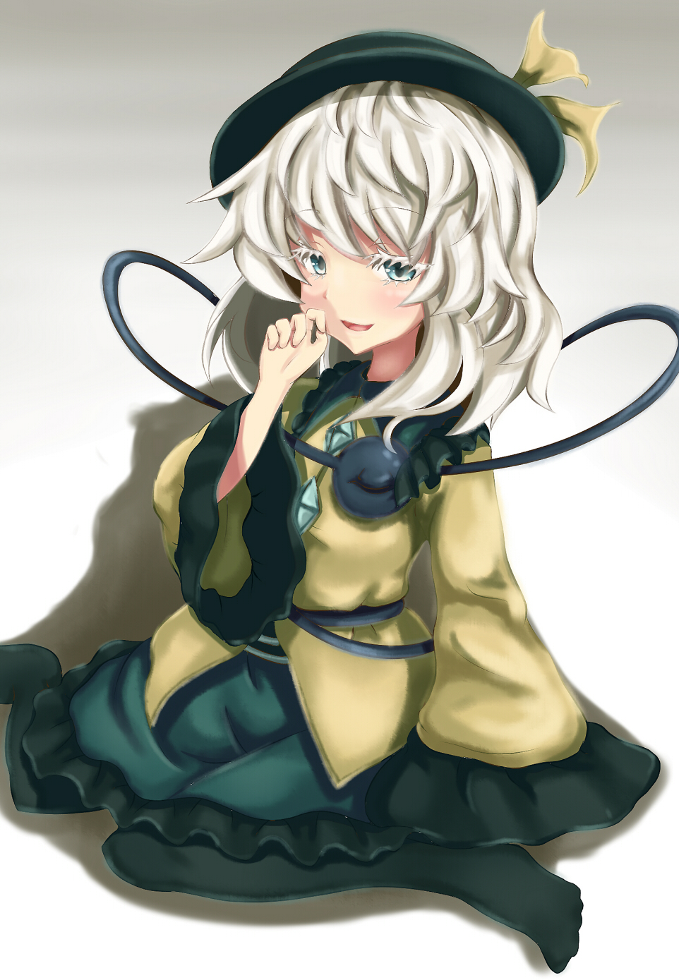 1girl, black_hat, black_legwear, blue_eyes, blush, eyeball, frilled_shirt_collar, frilled_sleeves