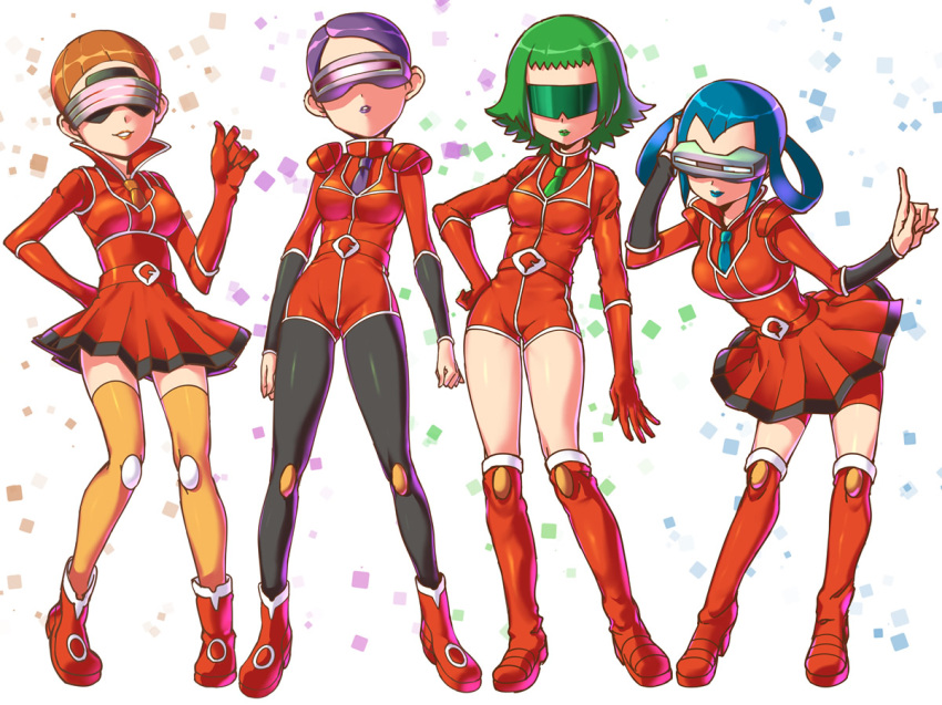 4girls, belt, bent_over, blue_hair, blue_lipstick, boots, brown_hair, gloves