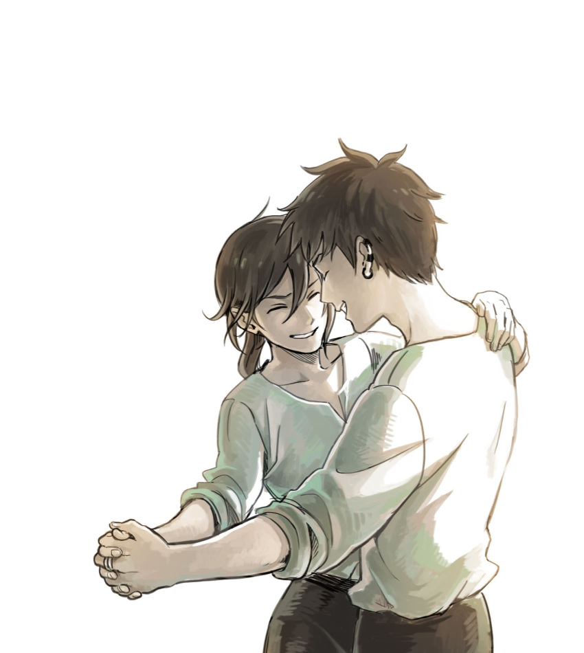 1boy, 1girl, brown_hair, closed_eyes, dancing, earrings, hand_on_another's_shoulder, highres