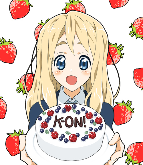 berries, blonde_hair, blue_eyes, blueberry, cake, food, fruit, k-on!