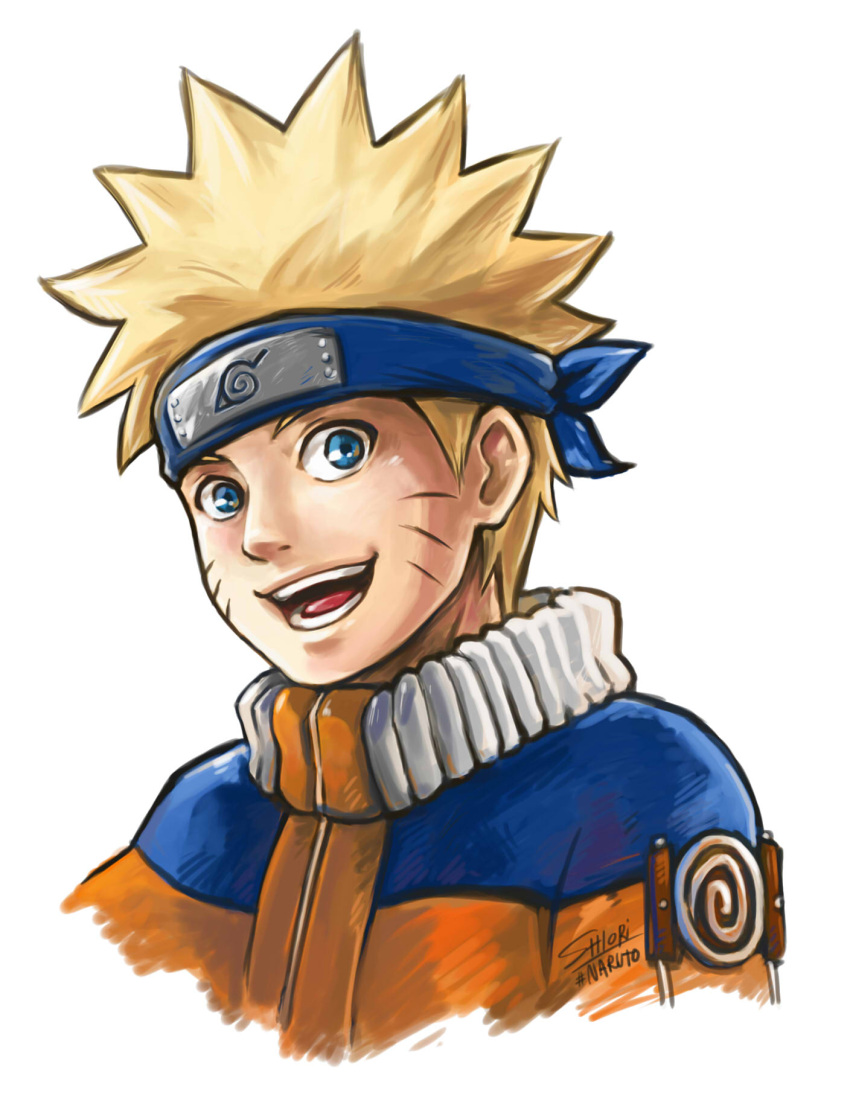 1boy, artist_name, blonde_hair, blue_eyes, facial_mark, forehead_protector, headband, highres