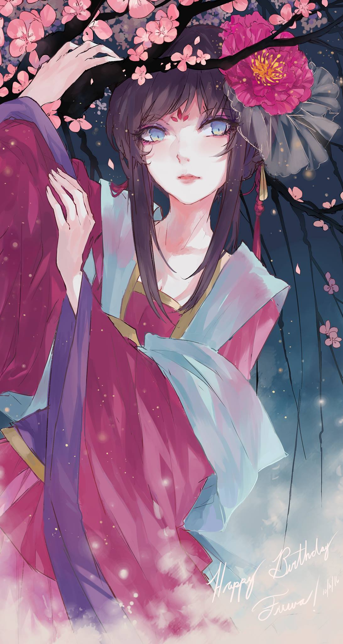 1girl, arms_up, artist_name, black_hair, blue_eyes, borrowed_character, cherry_blossoms, chinese_clothes, closed_mouth, commentary, dated, facial_mark, flower, forehead_mark, hair_flower, hair_ornament, happy_birthday, highres, kanekiru, long_hair, long_sleeves, looking_to_the_side, mu_dan, original, peony_(flower), red_flower, solo, tattoo, wide_sleeves