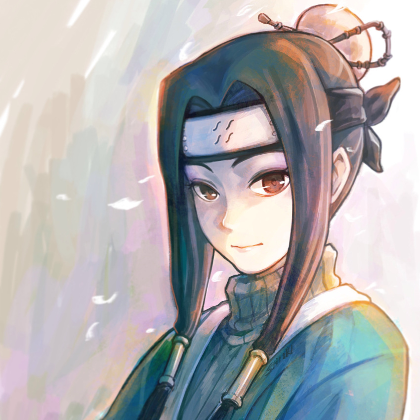 1boy, absurdres, androgynous, black_hair, brown_eyes, forehead_protector, hair_tubes, haku_(naruto)