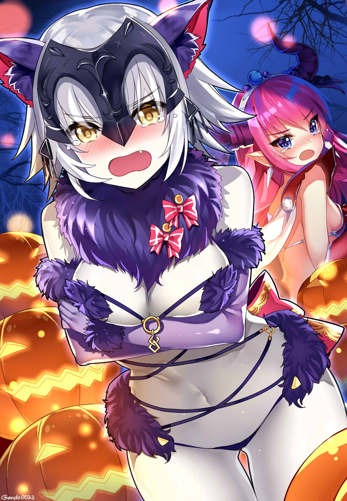 >:o, 2girls, :o, animal_ears, armor, ass, back, bangs
