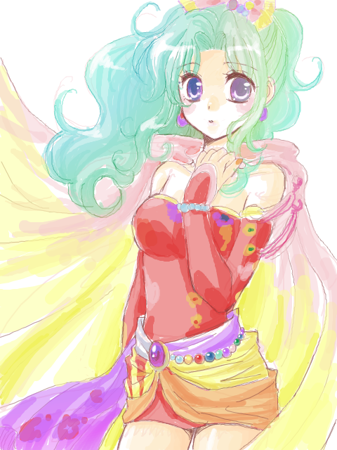bare_shoulders, blush, bracelet, cape, detached_sleeves, dress, earrings, final_fantasy