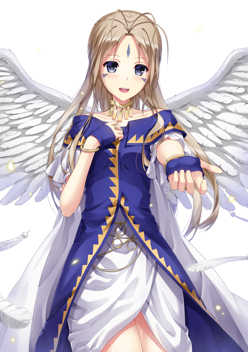 1girl, aa_megami-sama, belldandy, blue_eyes, brown_hair, collar, dress, feathered_wings