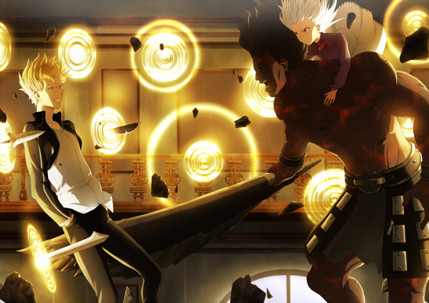 1girl, 2boys, berserker, black_hair, blonde_hair, collarbone, dark_skin, fate/stay_night