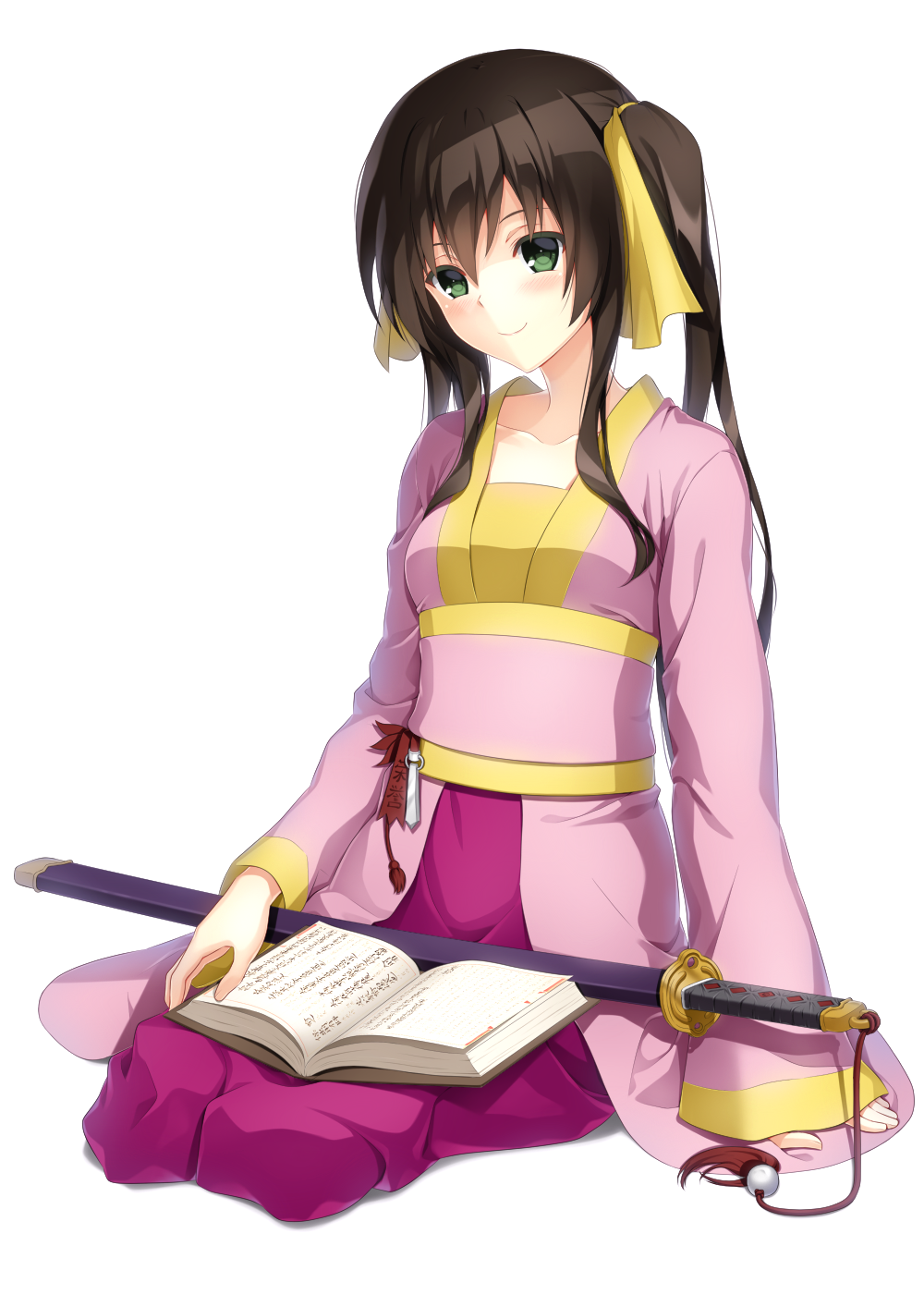 1girl, black_hair, book, collarbone, green_eyes, hair_ribbon, highres, japanese_clothes, kimono, long_hair, original, ribbon, seirei911, simple_background, solo, sword, weapon, white_background, yellow_ribbon, yukata