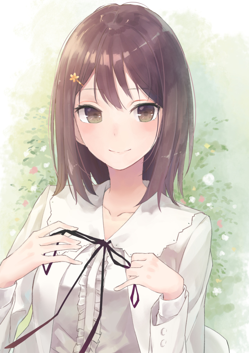 1girl, brown_eyes, brown_hair, flowers_(innocent_grey), hair_ornament, hairclip, highres, kobutakurassyu