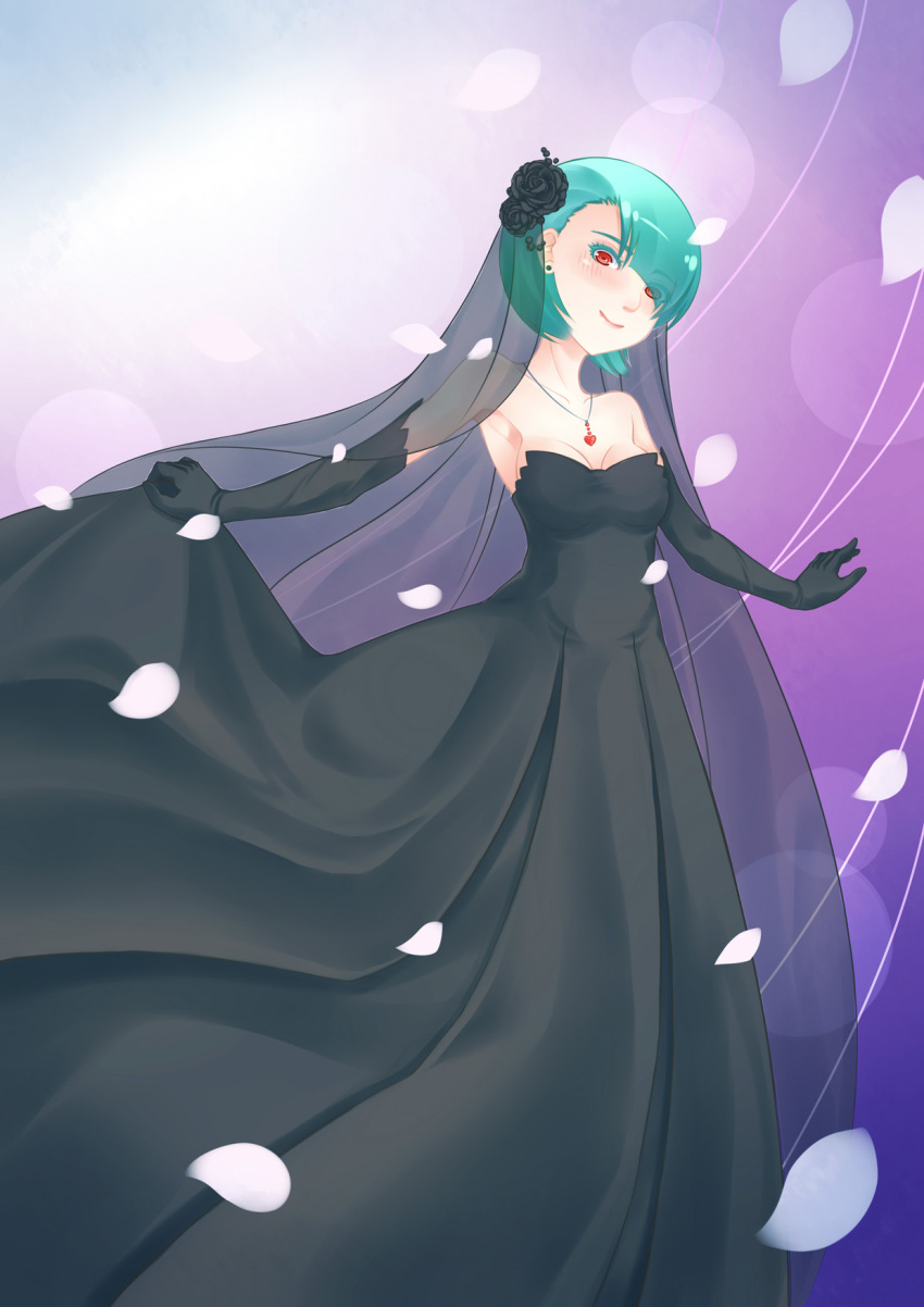 1girl, alternate_color, armpits, bare_shoulders, breasts, cleavage, collarbone, dress, elbow_gloves, flower, gardevoir, gloves, green_hair, hair_flower, hair_ornament, highres, jewelry, looking_at_viewer, mega_evolution, mega_gardevoir, mega_pokemon, necklace, personification, petals, pokemon, red_eyes, shiny_pokemon, short_hair, skirt, skirt_lift, wedding, wedding_dress
