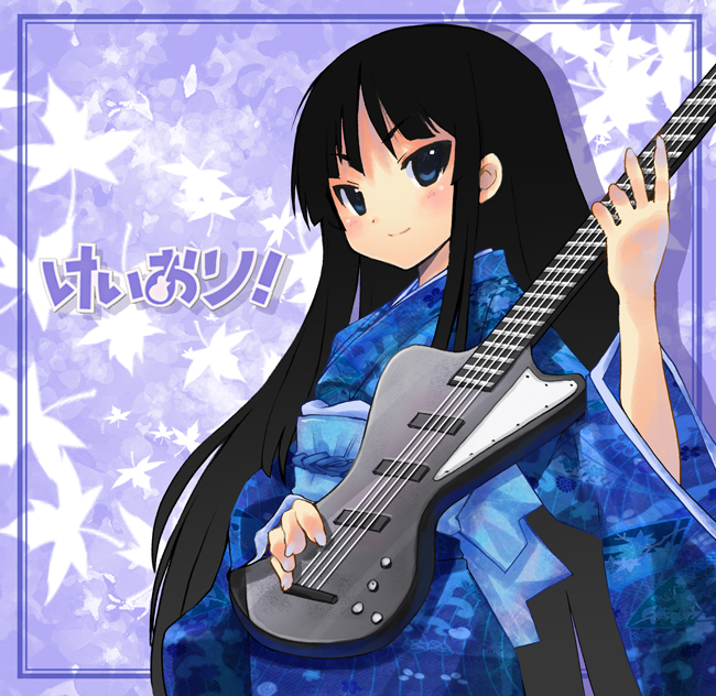 bangs, bass_guitar, black_hair, blue_eyes, blunt_bangs, guitar, hime_cut, instrument