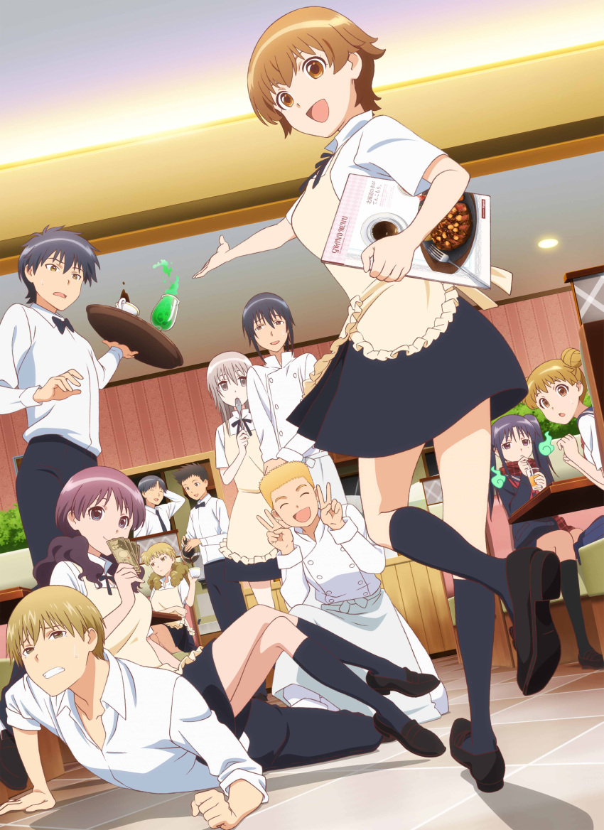 6+boys, 6+girls, absurdres, adachi_masahiro, apron, arm_behind_head, black_hair, blonde_hair