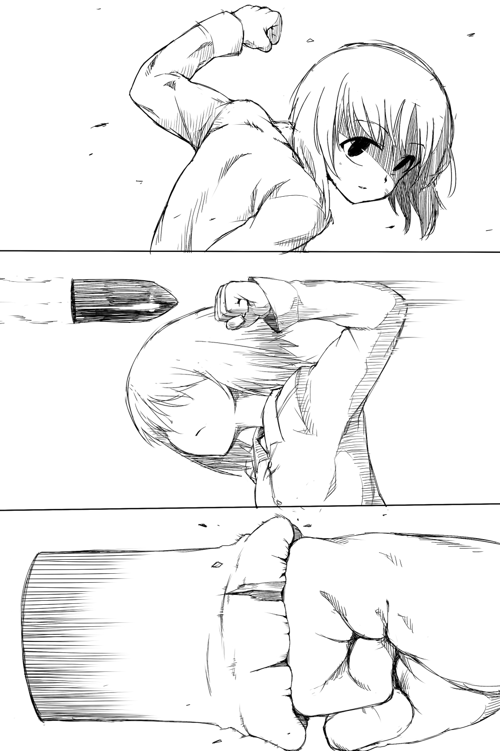 1girl, arm_up, chintai_(mansyontintai), clenched_hand, close-up, comic, commentary_request, crushing, expressionless, girls_und_panzer, highres, jacket, monochrome, motion_lines, nishizumi_miho, punching, school_uniform, shaded_face, short_hair, solo, tank_shell