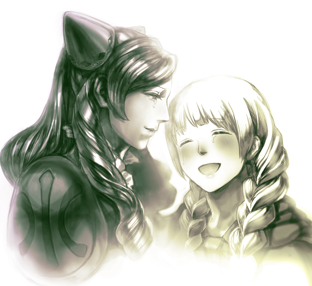 2girls, braid, closed_eyes, crying, crying_with_eyes_open, eye_contact, greyscale, jordalla