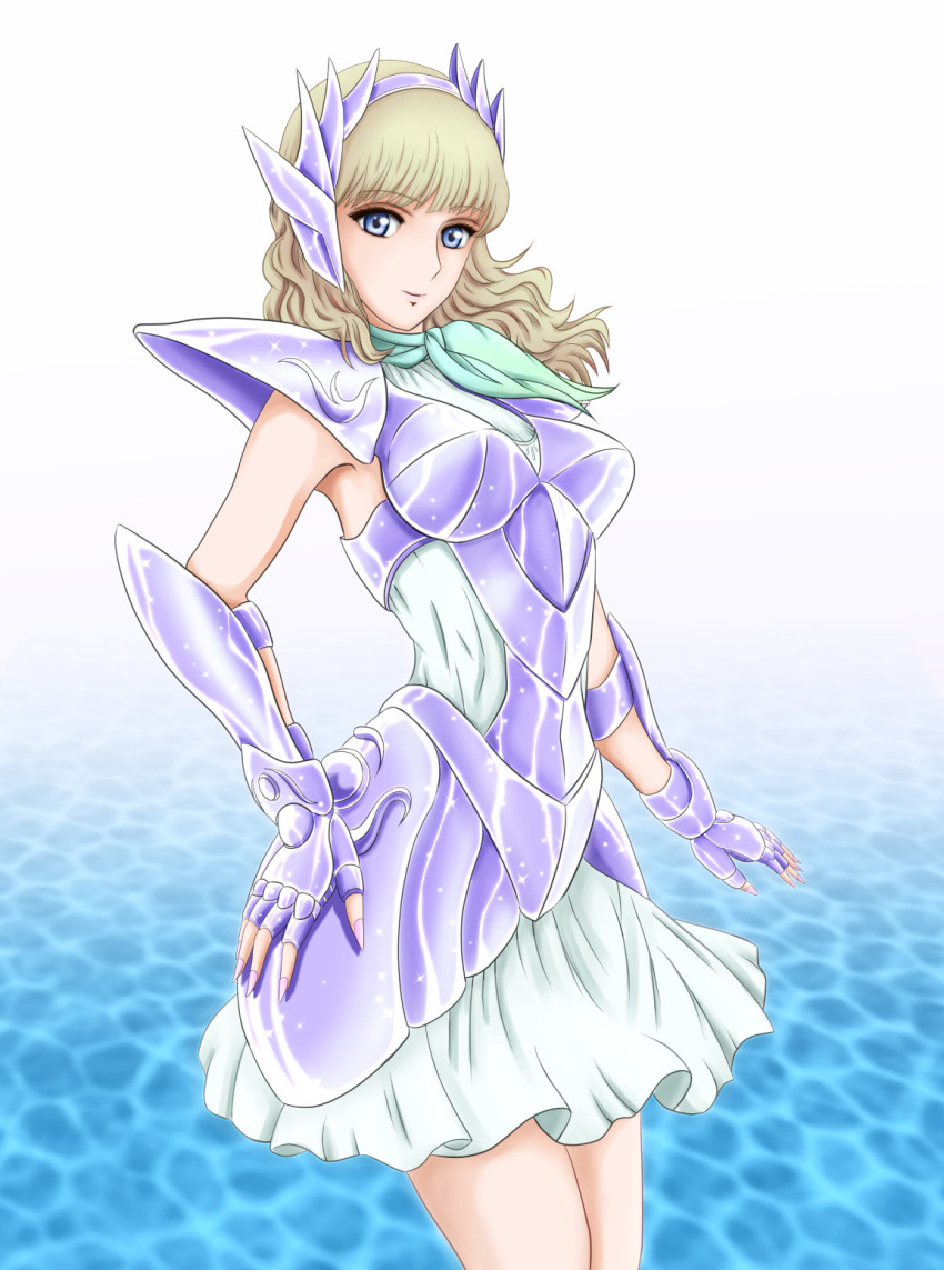 1girl, armor, blonde_hair, breastplate, breasts, brown_hair, delphinus_mii, gauntlets, green_eyes, highres, kiryu_(pixiv1983506), long_hair, looking_at_viewer, nail_polish, saint_seiya, saint_seiya_saintia_sho, solo, water