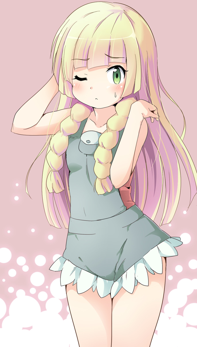 1girl, :<, arms_up, blonde_hair, blush, braid, cosplay, green_eyes