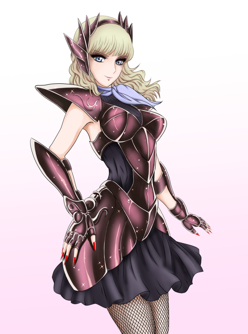 1girl, armor, black_dress, black_legwear, blonde_hair, blue_eyes, breastplate, breasts, brown_hair, dark_persona, delphinus_mii, dress, fishnet_pantyhose, fishnets, gauntlets, highres, kerchief, kiryu_(pixiv1983506), long_hair, looking_at_viewer, nail_polish, pantyhose, saint_seiya, saint_seiya_saintia_sho, solo, tiara