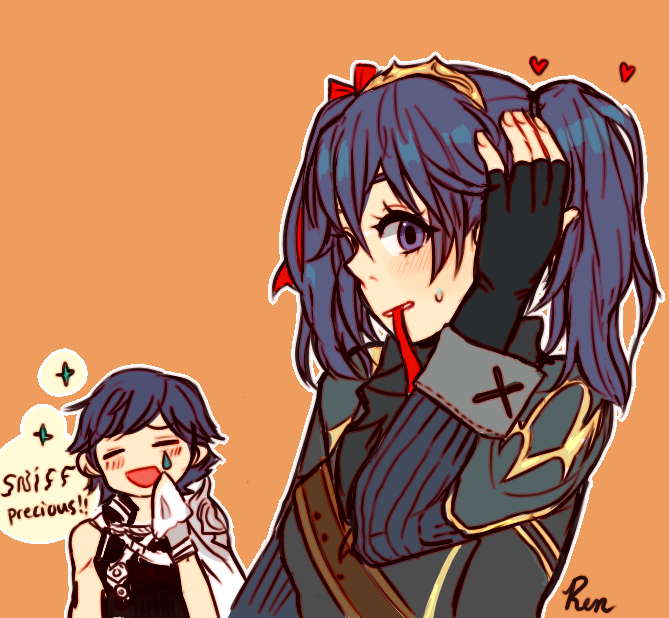 1boy, 1girl, blue_eyes, blue_hair, blush, closed_eyes, father_and_daughter, fire_emblem, fire_emblem:_kakusei, krom, long_hair, lucina, renietan, short_hair, twintails