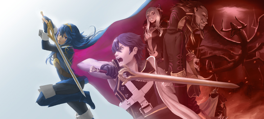 2girls, athenawyrm, blue_eyes, blue_hair, fauda_(fire_emblem), fire_emblem, fire_emblem:_kakusei, gangrel, gimurei, highres, hood, inverse_(fire_emblem), krom, long_hair, lucina, male_my_unit_(fire_emblem:_kakusei), multiple_boys, multiple_girls, my_unit_(fire_emblem:_kakusei), open_mouth, short_hair, sword, valhalt, weapon, white_hair