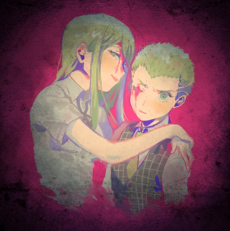 132_(asaka), 1boy, 1girl, blonde_hair, blood, blood_on_face, brother_and_sister, dangan_ronpa, hands_on_another's_shoulders, kuzuryuu_fuyuhiko, kuzuryuu_natsumi, long_hair, looking_at_viewer, necktie, one_eye_closed, parted_lips, pink_background, ribbon, school_uniform, siblings, simple_background, smile, spoilers, super_dangan_ronpa_2, upper_body, waistcoat, yellow_eyes, yellow_necktie