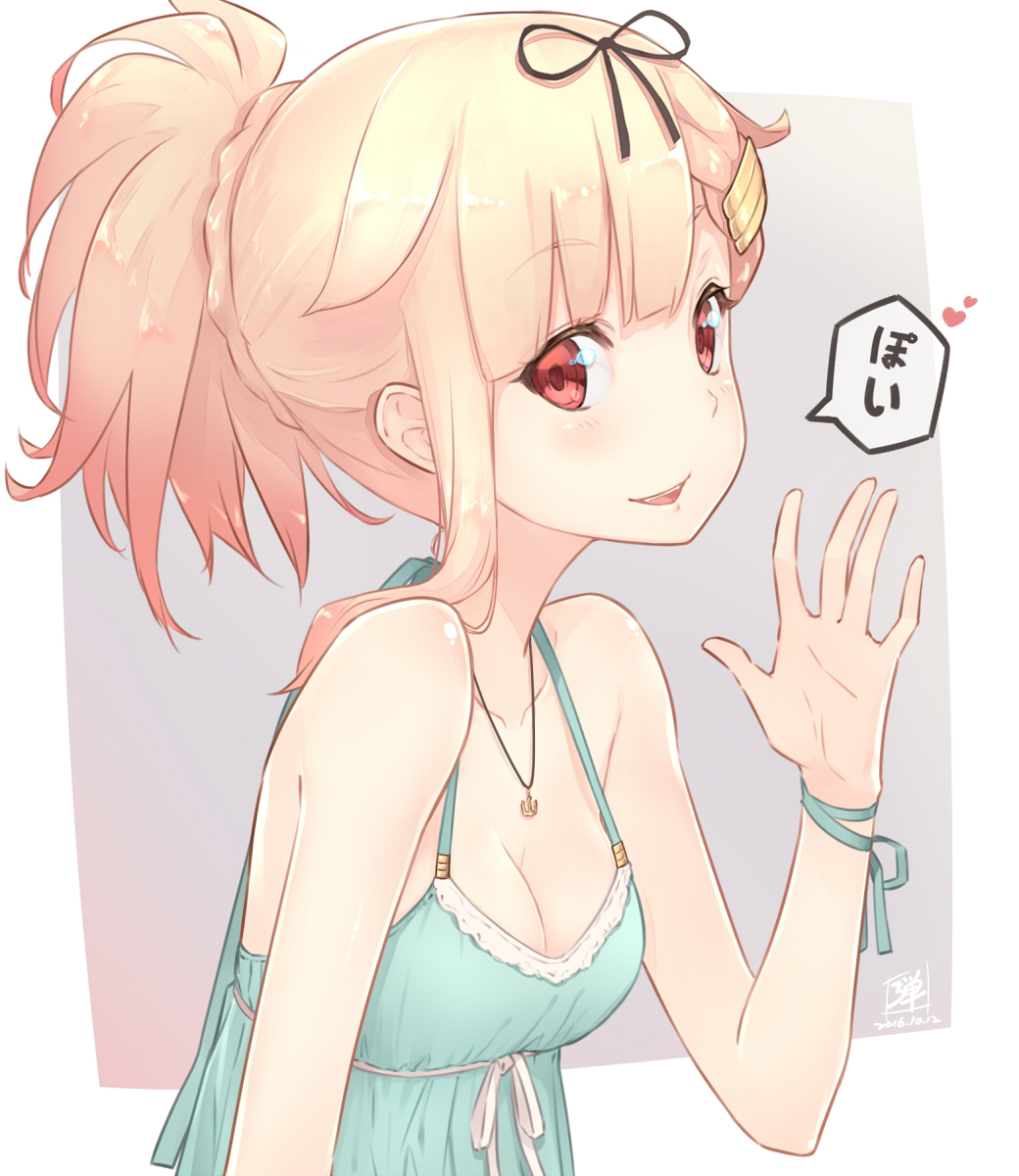 1girl, adam700403, alternate_costume, alternate_hairstyle, anchor_necklace, bare_shoulders, blonde_hair, blush