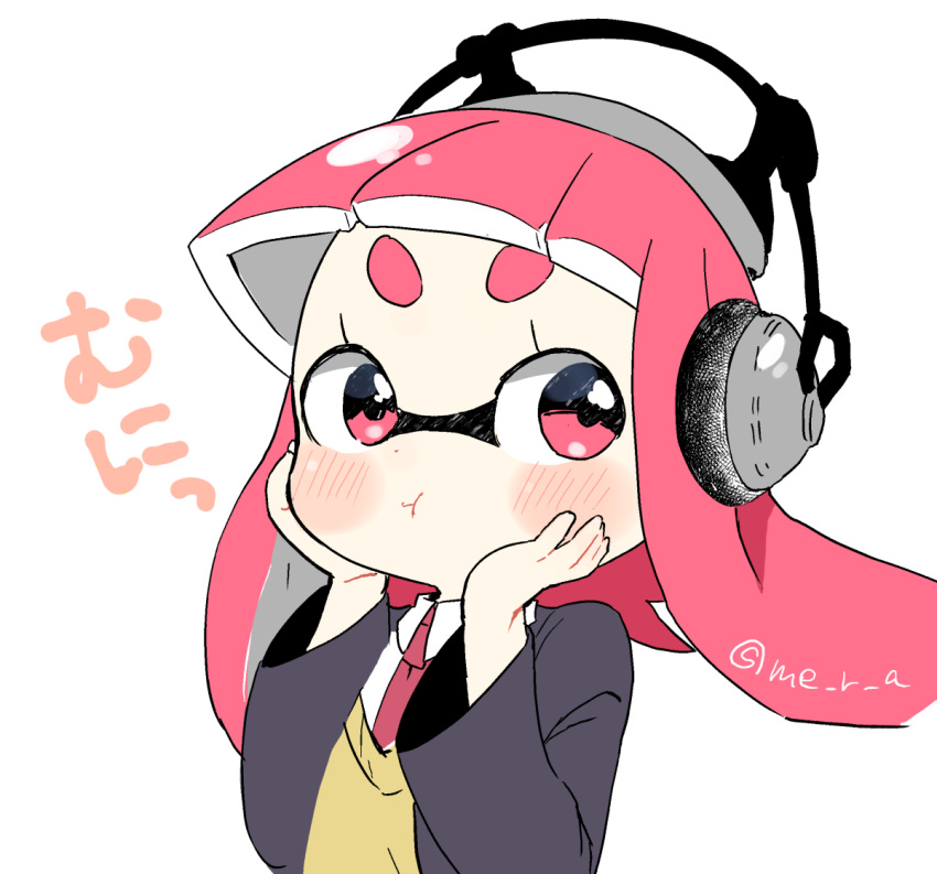 1girl, amamiya_yuumu, blush, eyebrows, headphones, inkling, necktie, pink_eyes