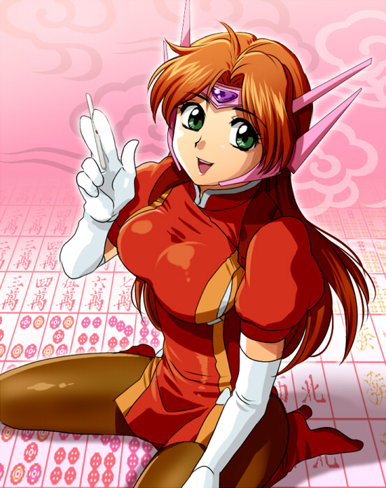 brown_hair, elbow_gloves, gloves, green_eyes, idol_janshi_suchie-pai, kneeling, large_breasts, long_hair