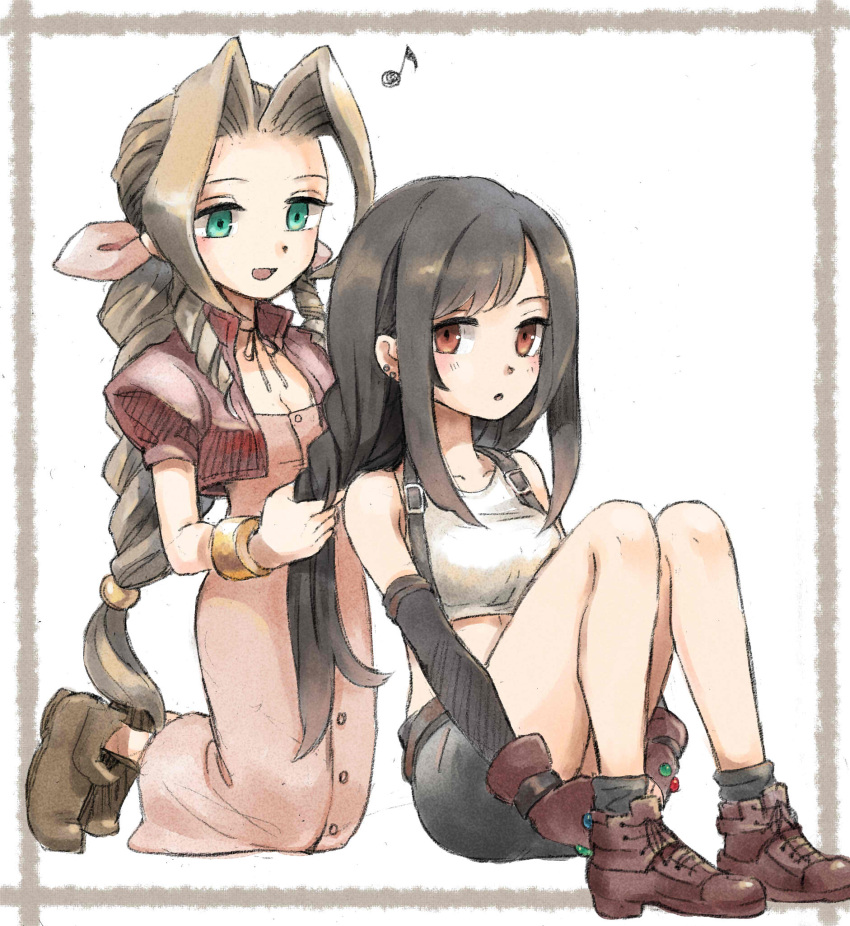 2girls, :o, aerith_gainsborough, ankle_boots, black_hair, blush, boots, border