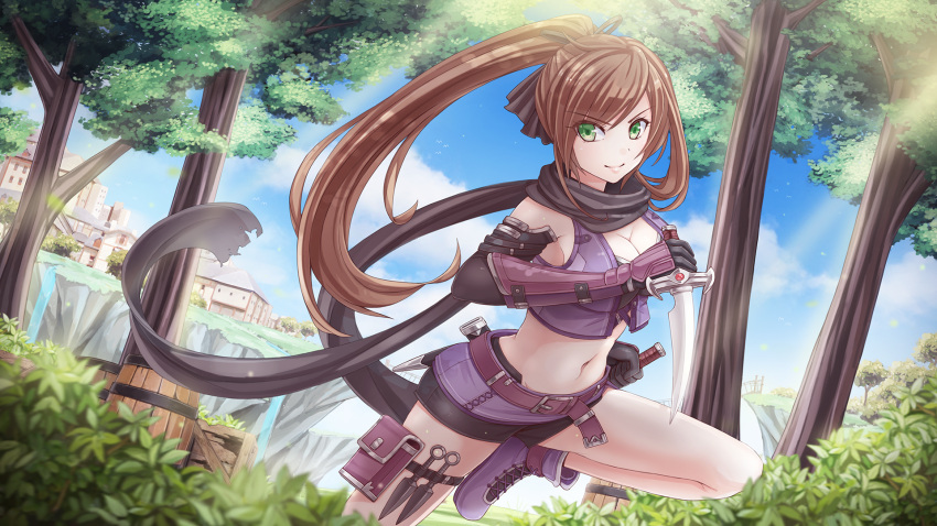 1girl, belt, bike_shorts, breasts, brown_hair, cleavage, crop_top, crystalline