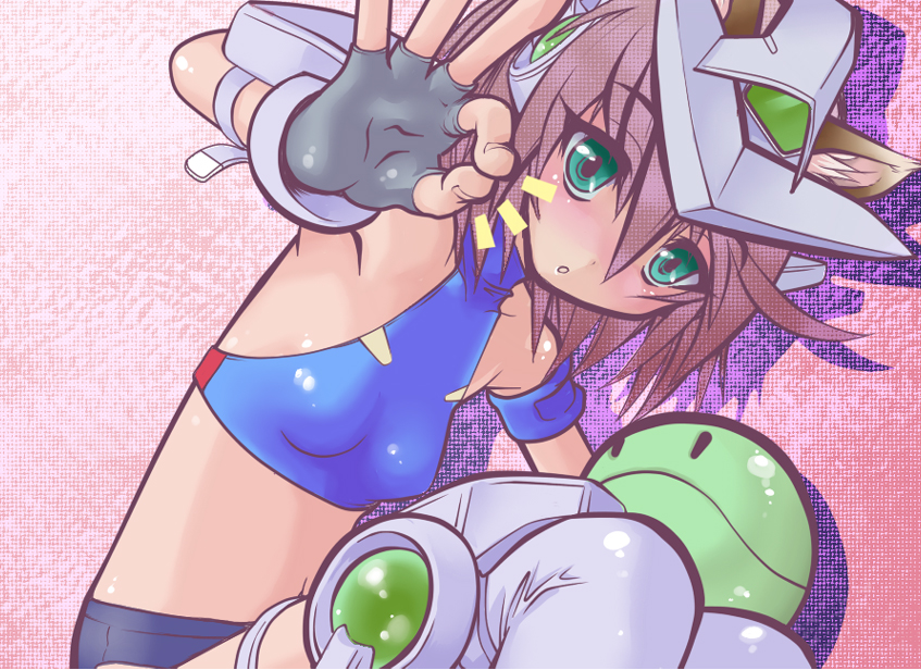 :o, brown_hair, exia, flat_chest, green_eyes, gundam, gundam_00, haro, juubaori_mashumaro, mecha, midriff