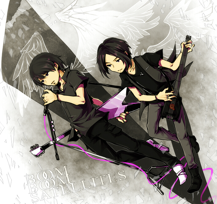 2boys, angel_wings, band, bangs, bass_guitar, black_hair, boom_boom_satellites, dutch_angle, electric_guitar, facial_hair, goatee, guitar, instrument, kawashima_michiyuki, male_focus, microphone, microphone_stand, multiple_boys, nakano_masayuki, parted_bangs, real_life, uwoyuz, vest, wings