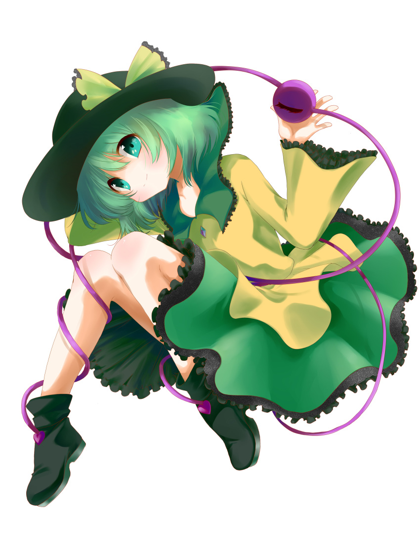 1girl, absurdres, arm_behind_head, black_hat, black_shoes, bow, floating, frilled_shirt_collar, frilled_skirt, frilled_sleeves, frills, full_body, green_eyes, green_hair, green_skirt, hair_between_eyes, hat, hat_bow, head_tilt, highres, iwaserie, komeiji_koishi, long_sleeves, looking_at_viewer, shirt, shoes, short_eyebrows, simple_background, skirt, smile, solo, third_eye, touhou, white_background, wide_sleeves, yellow_bow, yellow_shirt