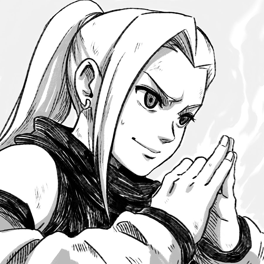 1girl, dirty, earrings, high_ponytail, jewelry, monochrome, naruto, shiori_lee_jeng