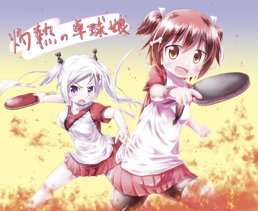 >:o, 2girls, :o, arrow, arrow_hair_ornament, asano_yagura, bone_hair_ornament, copyright_name, fire, hair_ribbon, highres, kamiya_agari, lavender_hair, long_twintails, multiple_girls, official_art, open_mouth, orange_eyes, paddle, redhead, ribbon, shakunetsu_no_takkyuu_musume, short_twintails, skirt, smile, sportswear, table_tennis_paddle, tsumujikaze_koyori, twintails, violet_eyes, wristband