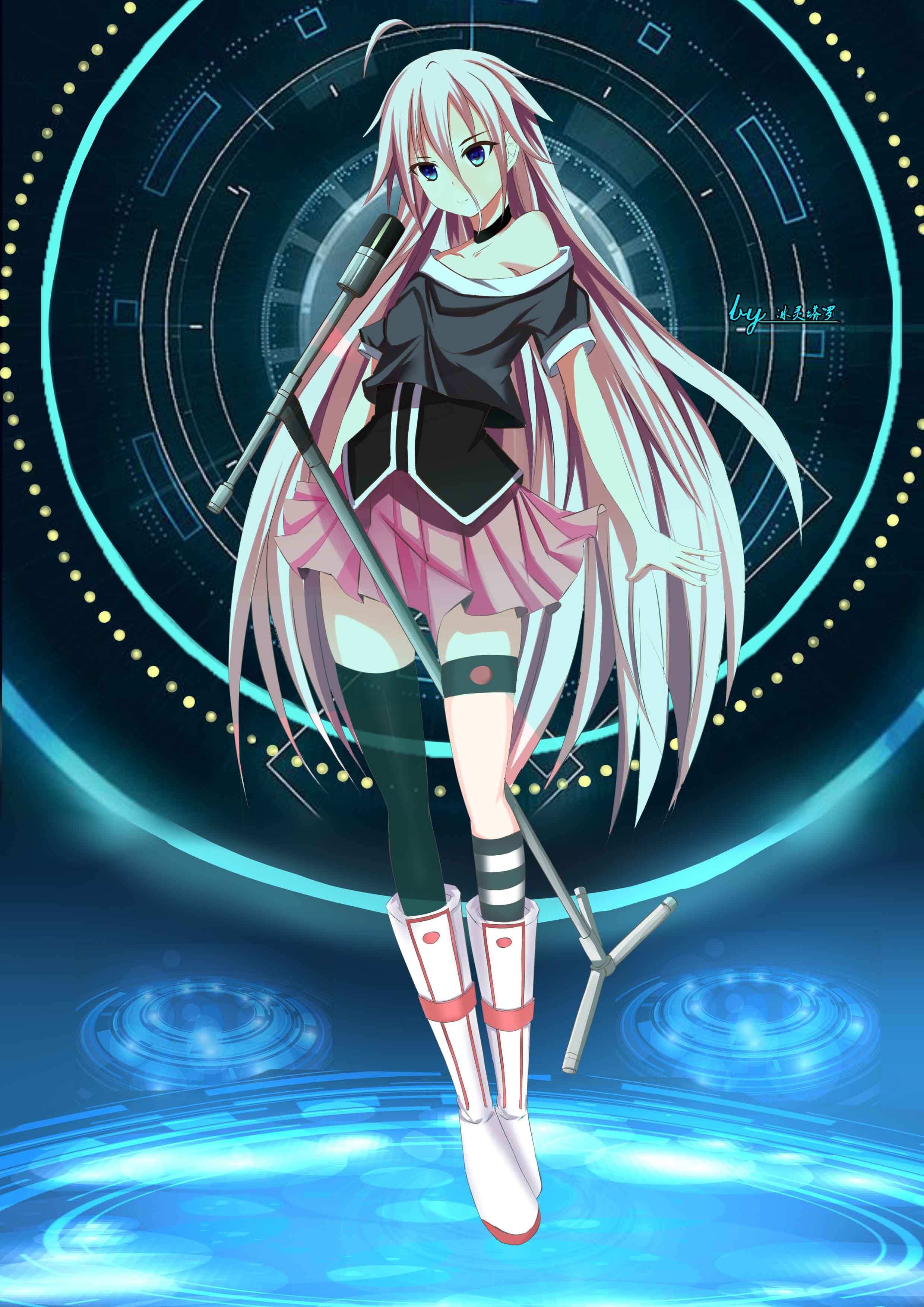 absurdres, blue_eyes, braid, highres, ia_(vocaloid), ice_spirit_tarot, long_hair, microphone, mismatched_legwear, off_shoulder, pink_hair, single_thighhigh, thigh-highs, thigh_strap, twin_braids, very_long_hair, vocaloid