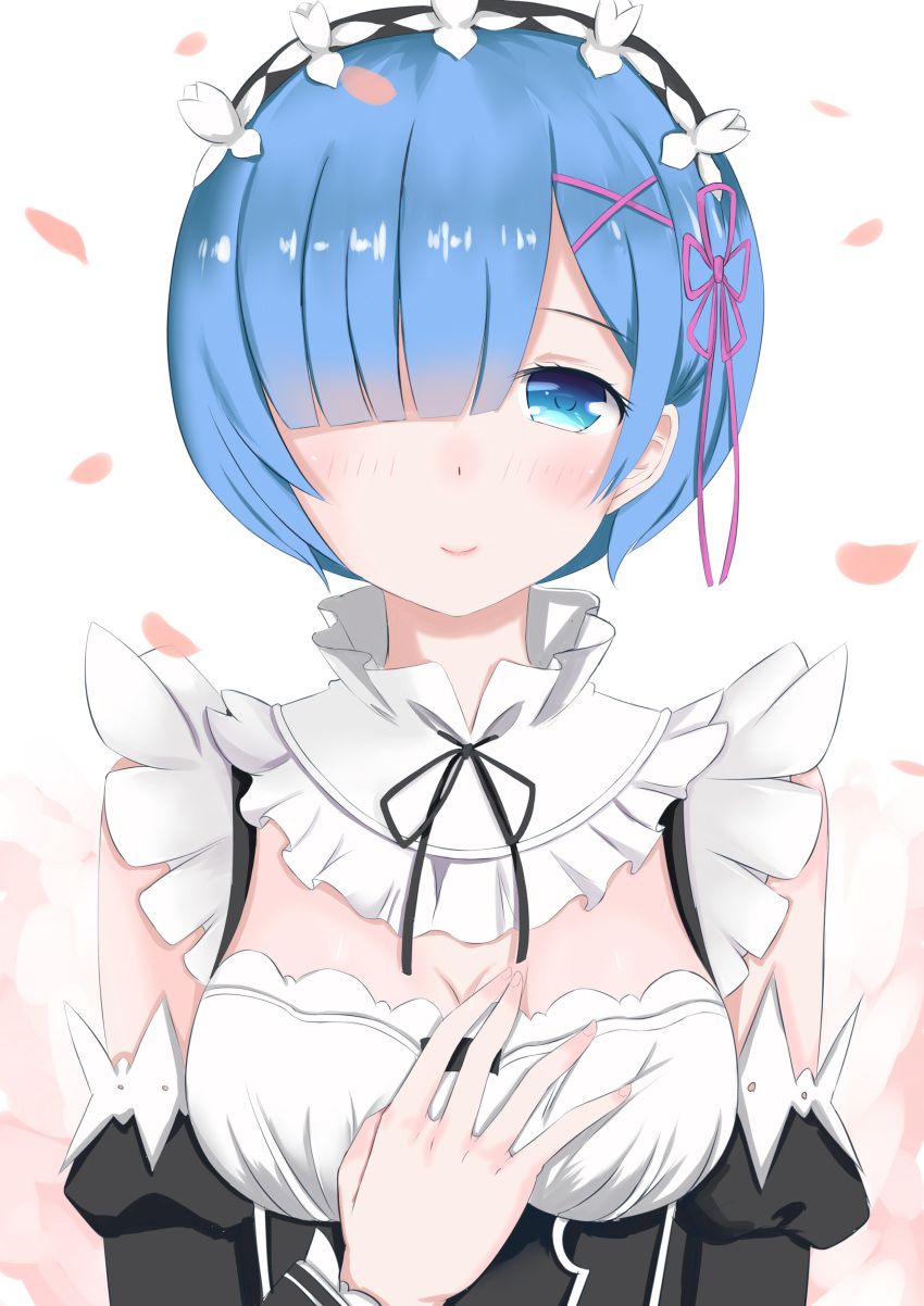 absurdres, black_ribbon, blue_eyes, blue_hair, breasts, frills, hair_ornament, hair_over_one_eye, highres, ice_spirit_tarot, looking_at_viewer, maid, maid_headdress, re:zero_kara_hajimeru_isekai_seikatsu, rem_(re:zero), ribbon, ribbon-trimmed_clothes, ribbon_trim, smile, x_hair_ornament