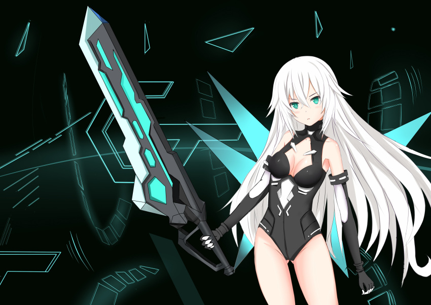 1girl, absurdres, bare_shoulders, black_heart, blue_eyes, breasts, cleavage, highres