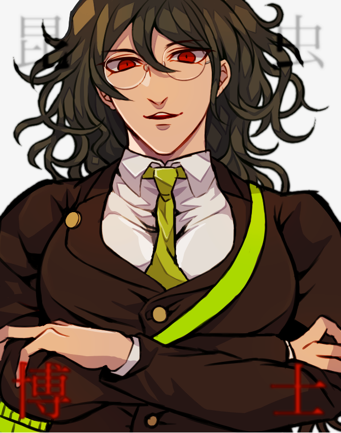 1boy, black_hair, crossed_arms, dangan_ronpa, glasses, gokuhara_gonta, green_necktie, hisida