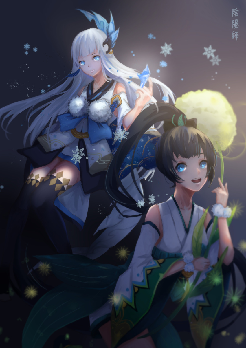 2girls, absurdres, black_hair, blue_eyes, breasts, cleavage, hair_ornament, highres