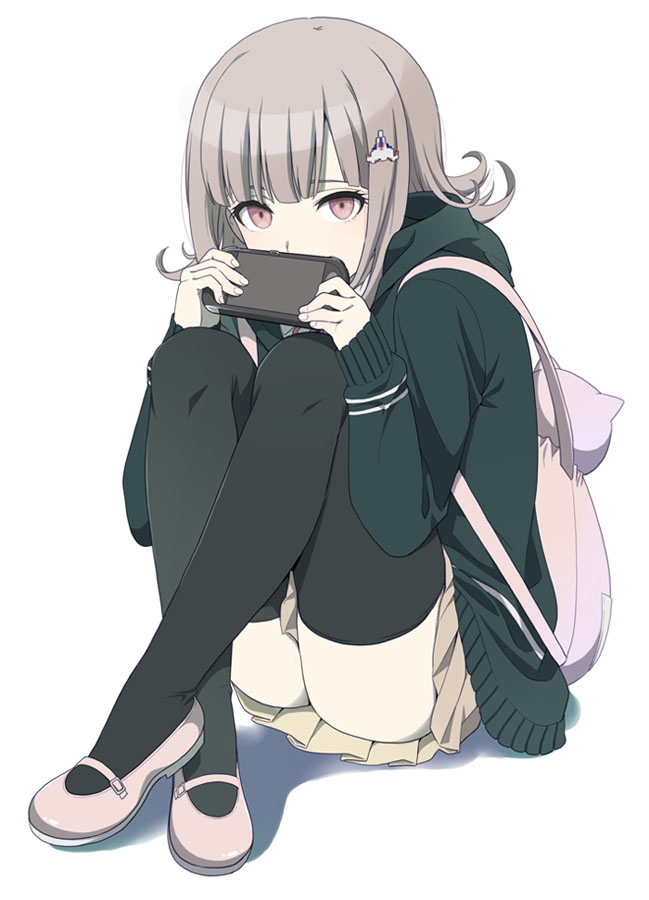 1girl, backpack, bag, bangs, black_legwear, brown_hair, cat_bag, covered_mouth, crossed_ankles, dangan_ronpa, flipped_hair, full_body, game_console, hair_ornament, hairclip, holding, hood, hood_down, hoodie, knees_up, long_sleeves, looking_at_viewer, mattaku_mousuke, miniskirt, nanami_chiaki, pink_eyes, pink_hair, pink_shoes, pleated_skirt, school_uniform, shoes, simple_background, sitting, skirt, solo, super_dangan_ronpa_2, thigh-highs, white_background, yellow_skirt