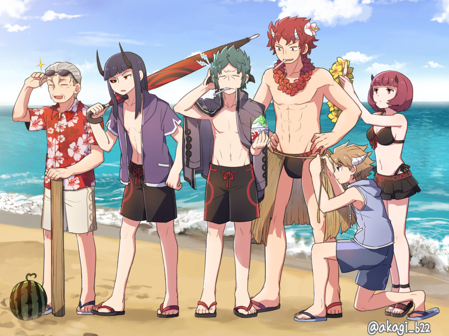 1girl, 5boys, =_=, abs, adjusting_sunglasses, ankle_ribbon, bangs, bare_arms